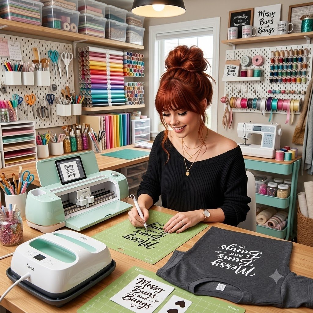A woman with red hair tied in a high bun is working on a craft project at a craft room desk filled with cutting machines, paper, and supplies. The room has shelves with colorful rolls of vinyl, glitter jars, and organized crafting tools. She is smiling and writing on a green mat with a marker, surrounded by sign templates that read 'Messy Buns & Bangs'.