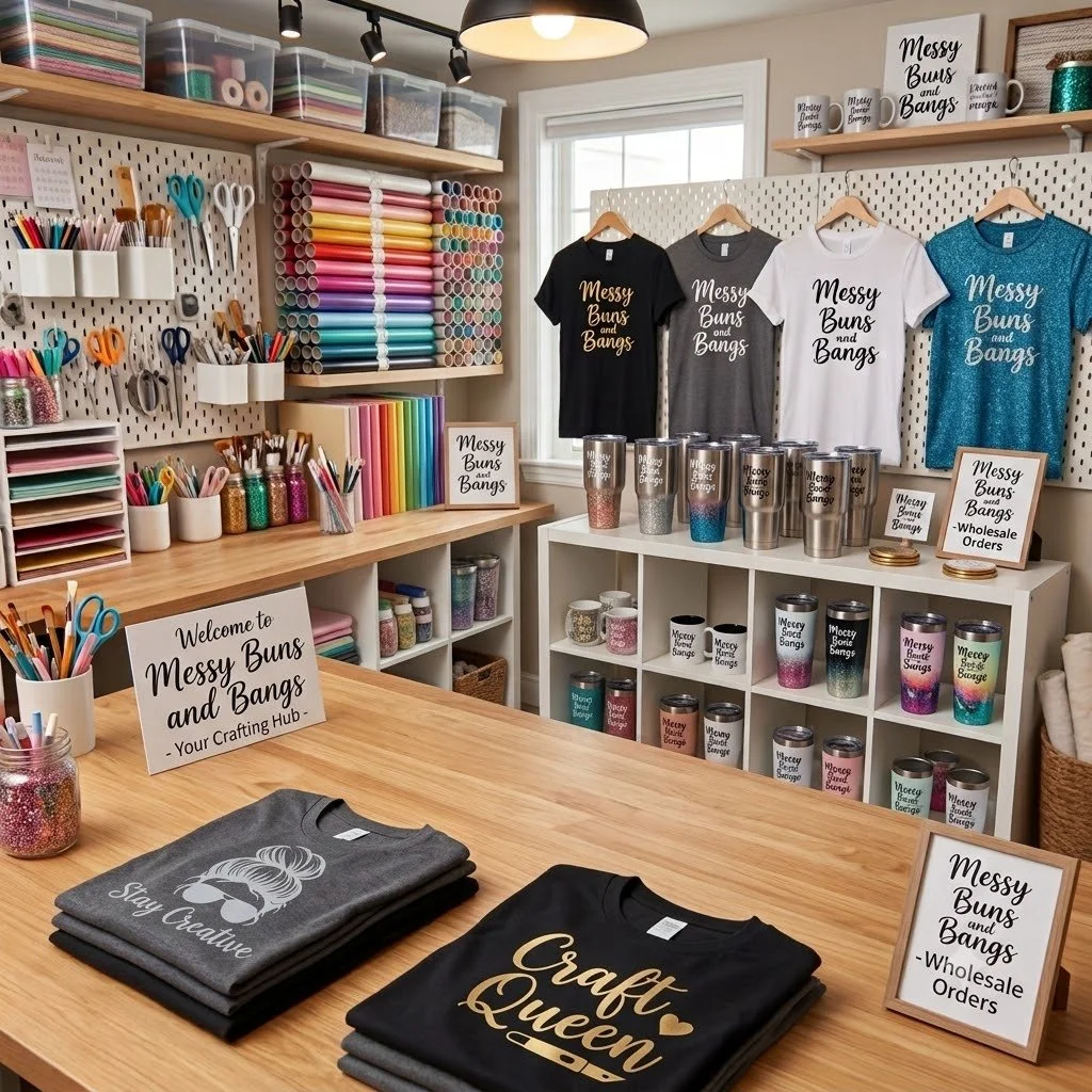 Indoor craft shop with handmade T-shirts, various craft supplies, and storage containers on shelves. T-shirts include 'Messy Buns and Bangs' and 'Craft Queen' designs. Signage indicates wholesale and individual orders.