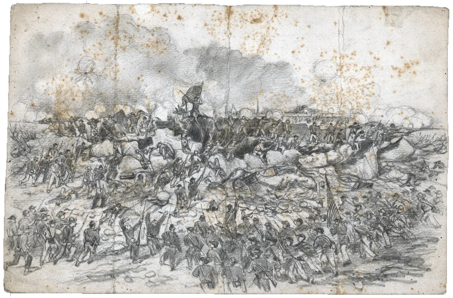 A historical black-and-white sketch depicting a chaotic battle scene with soldiers, horses, and explosions, occurring in a landscape with smoke and debris.