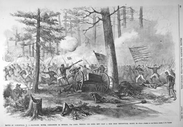 Black and white illustration of a historical battle scene in a forest, with soldiers fighting, some in flag-bearing formations, smoke, artillery, and fallen soldiers.