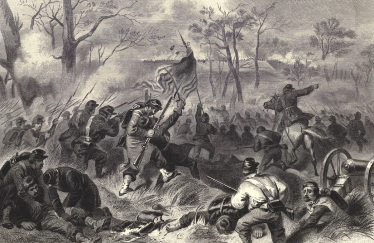 A detailed black and white illustration of a Civil War battlefield with soldiers fighting, some on horseback, with trees and smoke in the background.
