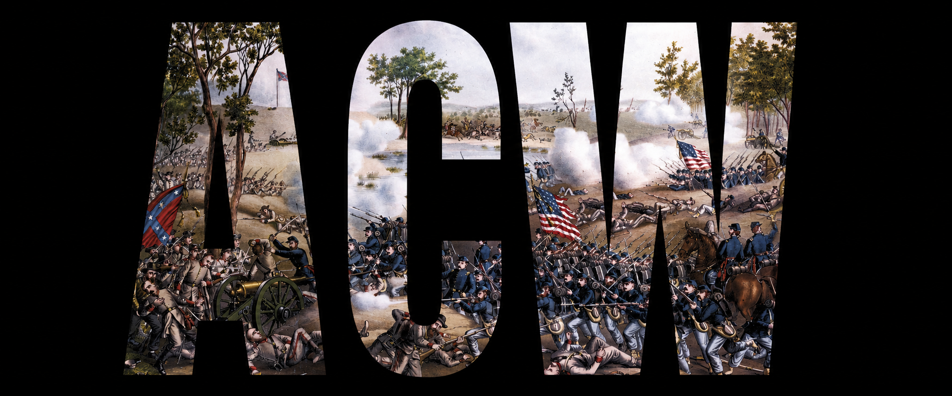 Historical painting of the Battle of Fort Sumter, viewed through the large letters 'AOW' at night.