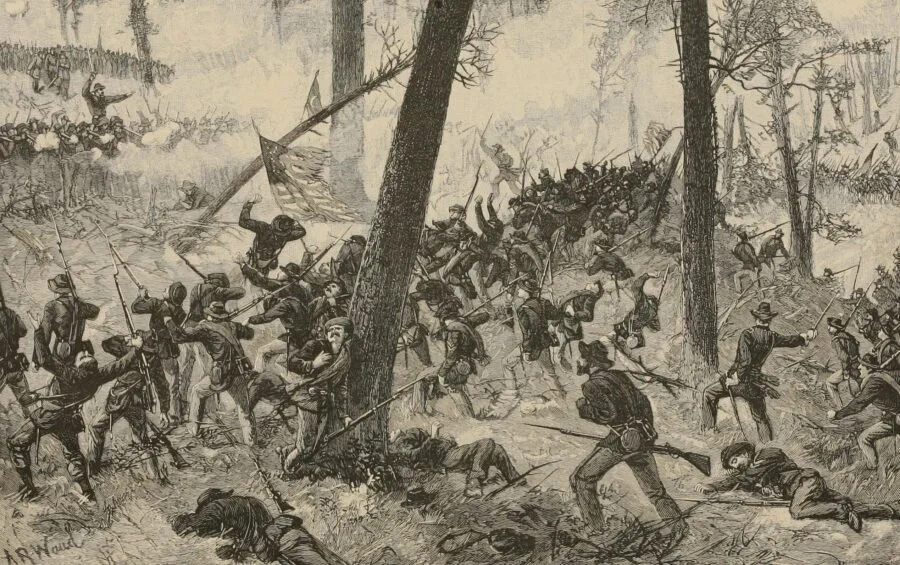 Black-and-white illustration of a Civil War battle scene with soldiers fighting among trees, some wounded or fallen, raised rifles, and a tattered flag in the background.