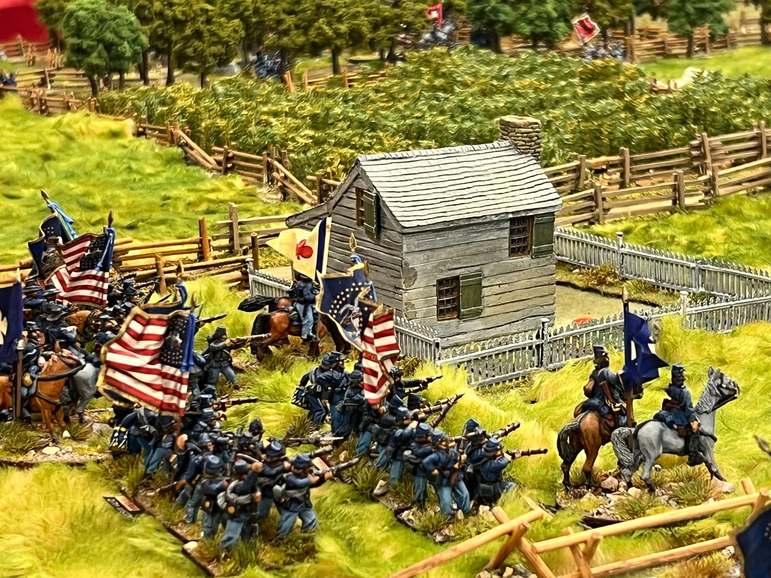 28mm ACW miniatures on a tabletop battlefield at the Shed O'War