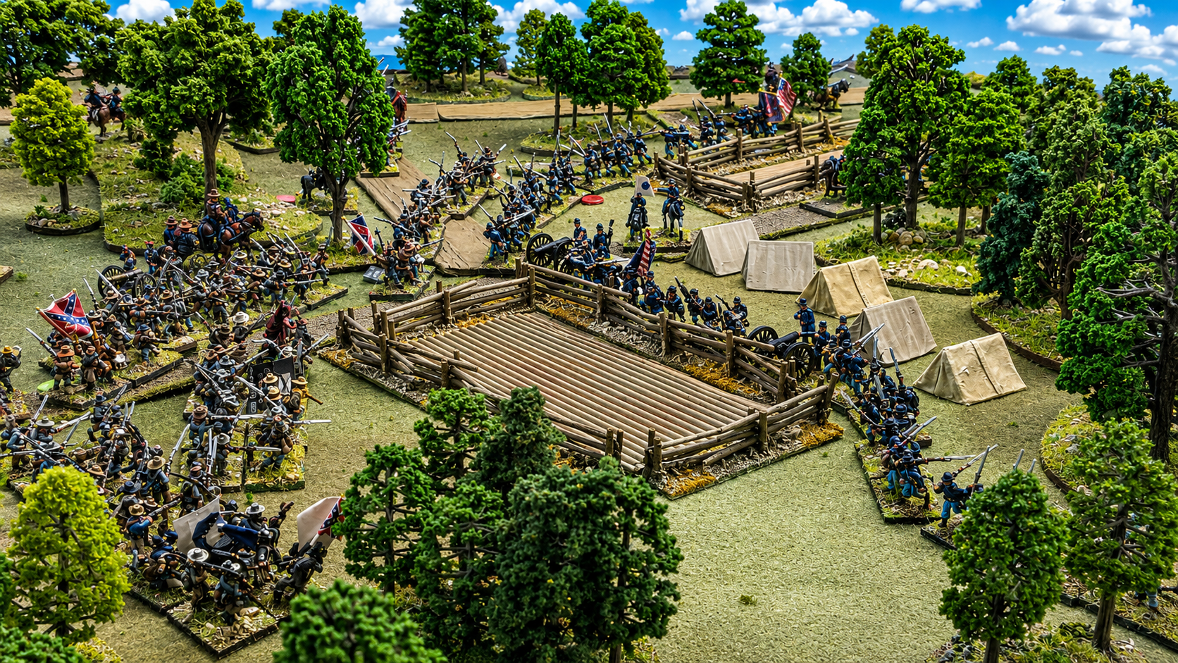 15mm ACW miniatures on a tabletop battlefield at the Shed O'War