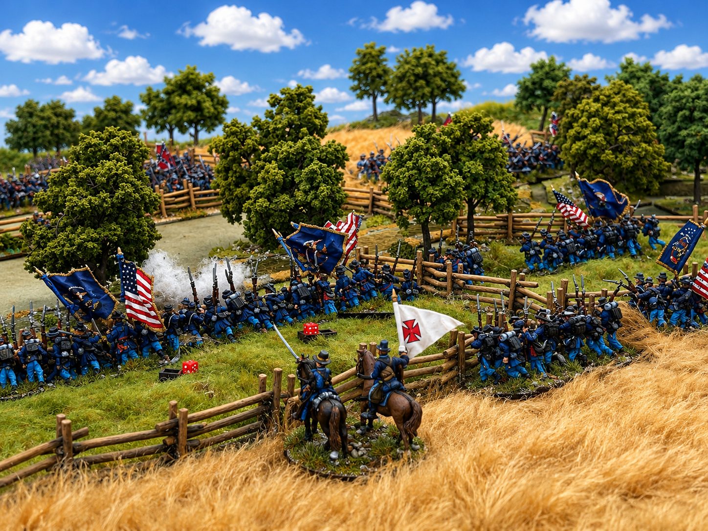 28mm ACW miniatures on a tabletop battlefield at the Shed O'War