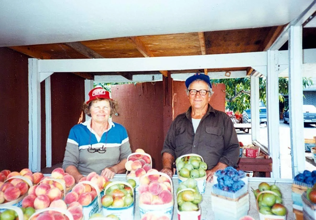 Two people at a fruit stand selling peaches and apples, outdoors, with a wooden shelter overhead.