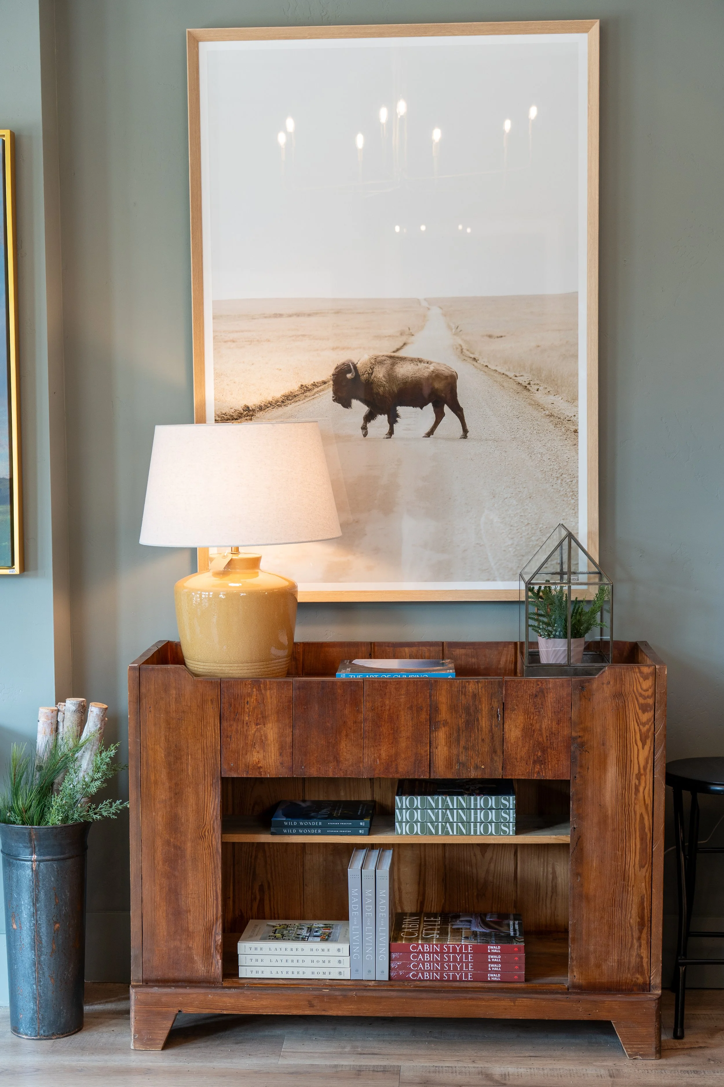 A wooden bookshelf with books on top and a display case, a potted plant to the left, and a framed photograph of a bison crossing a dirt road in a desert landscape hanging on a green wall above it.