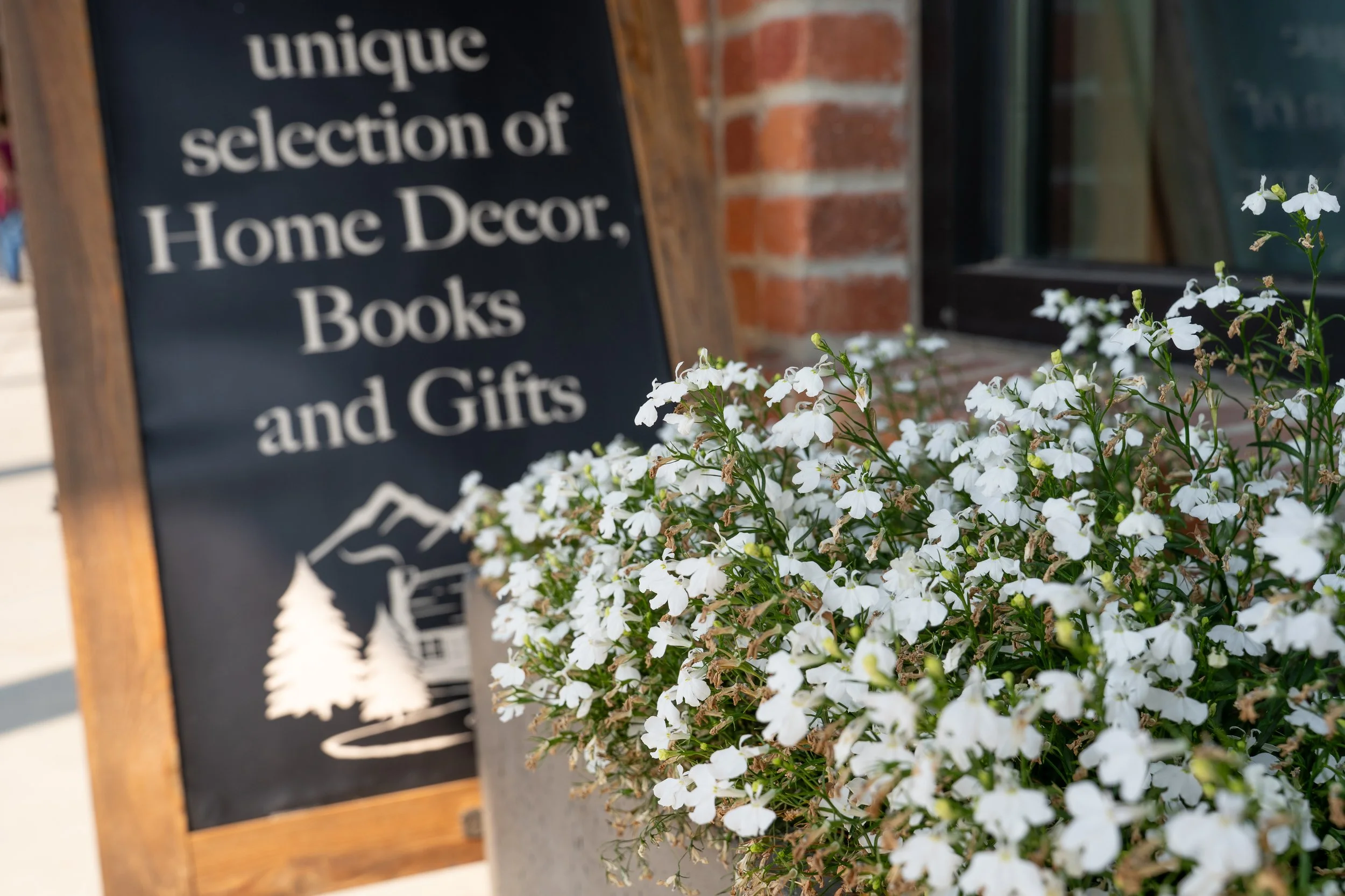A blackboard sign with white writing advertising a unique selection of home decor, books, and gifts, placed beside a window with white flowering plants in front of it.