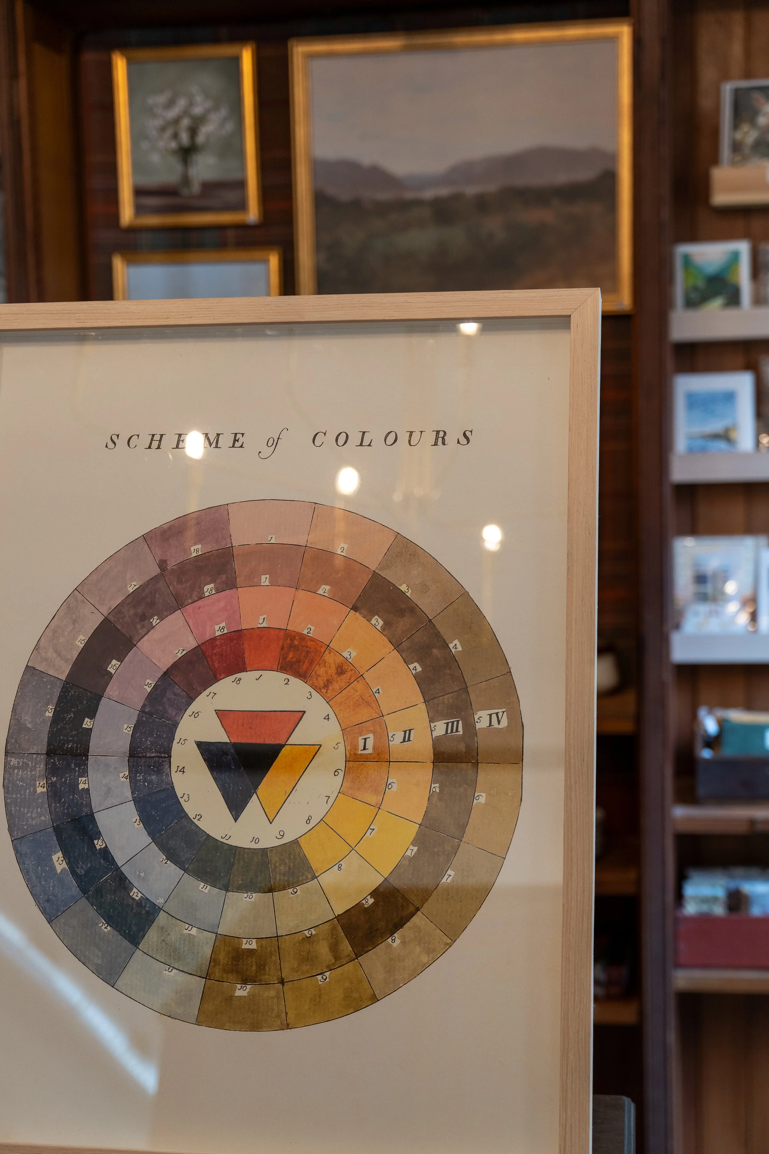 A framed color wheel titled 'SCHEME of COLOURS' in an art gallery, with other paintings on a wooden wall in the background.