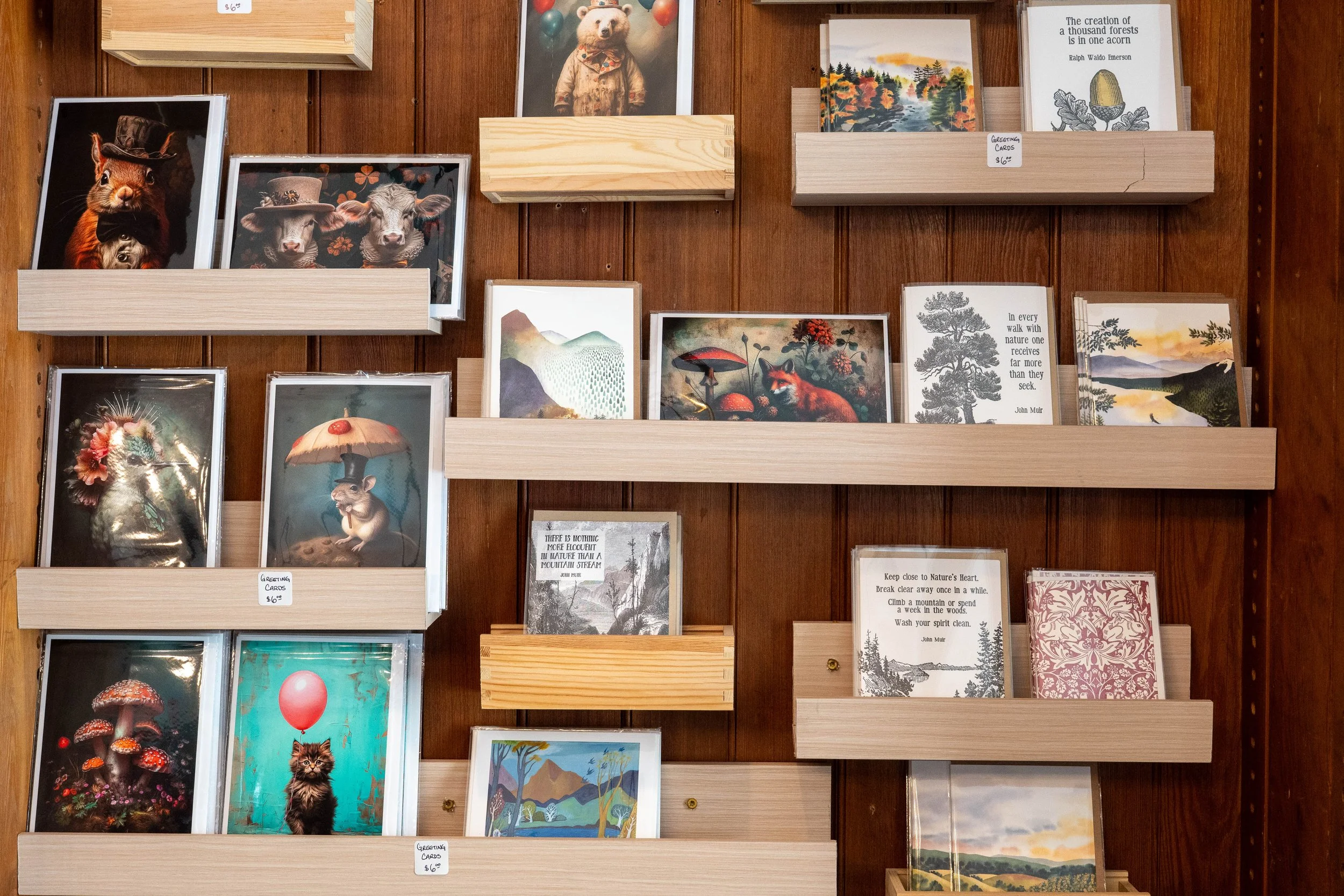 Display shelf with framed art and greeting cards featuring animals, landscapes, and nature scenes, in a store with wooden background.