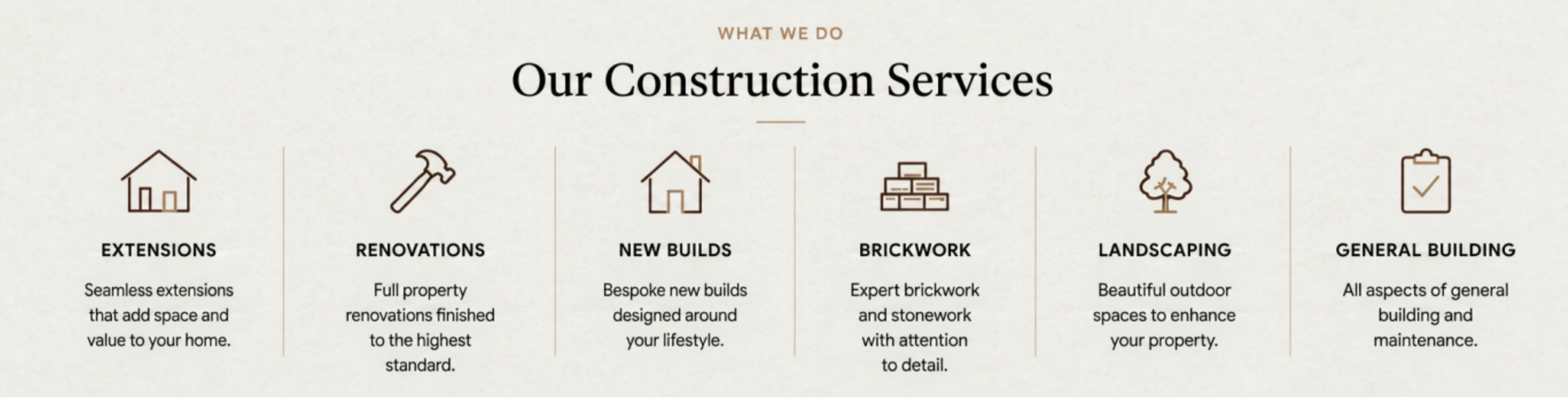A section of a website or flyer titled 'Our Construction Services' listing various services: Extensions, Renovations, New Builds, Brickwork, Landscaping, and General Building, each with an icon and brief description.