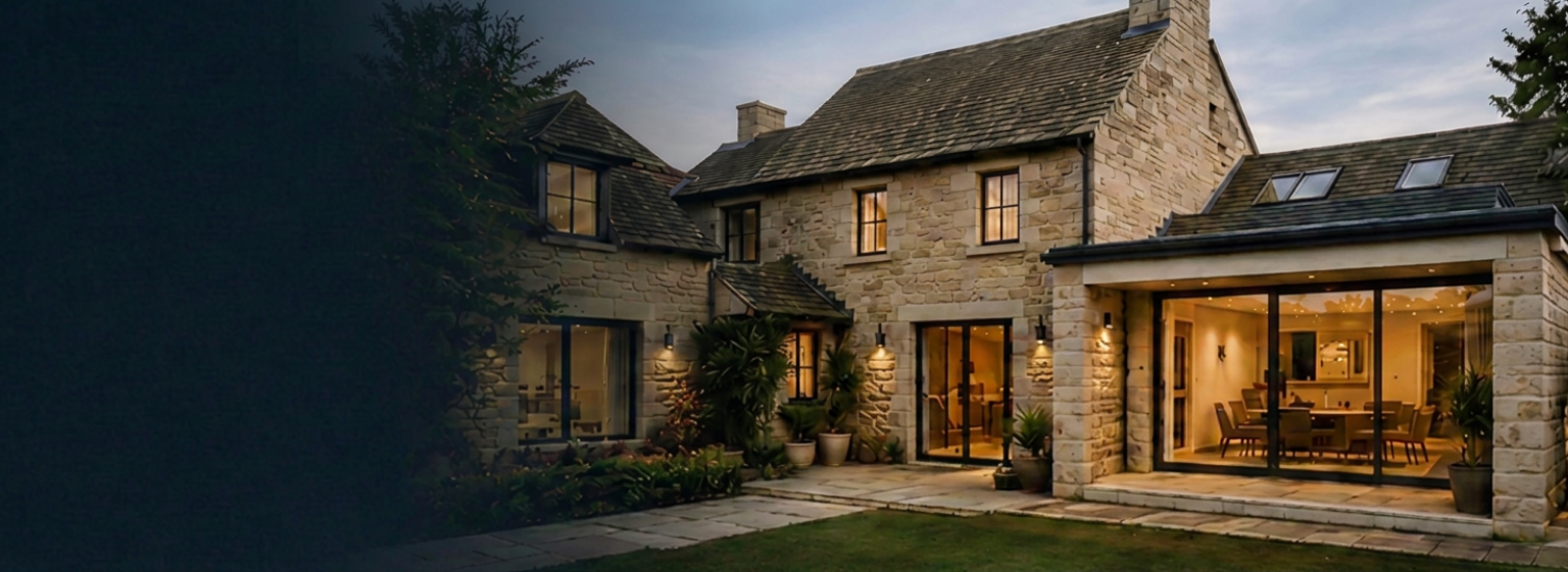A stone house with a garden, illuminated outdoor lights, and large glass doors revealing a well-lit dining room inside.