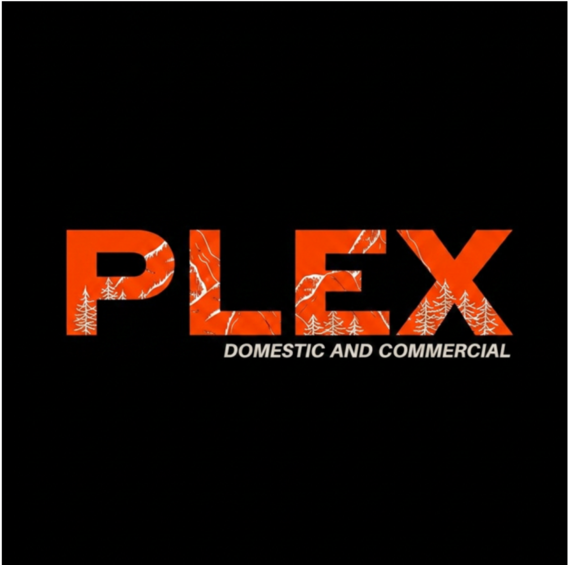 Plex logo in orange with white mountain and tree designs, with the words "Domestic and Commercial" underneath on a black background.