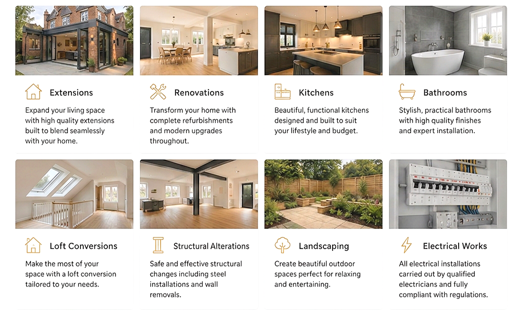 A catalog of home improvement services including extensions, renovations, kitchens, bathrooms, loft conversions, structural alterations, landscaping, and electrical works, with images depicting each category.