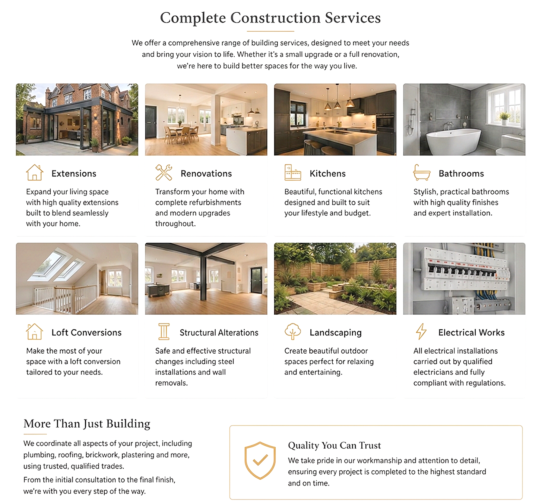 A webpage header titled 'Complete Construction Services' with a description about providing comprehensive building services, followed by a row of four images depicting different aspects of construction, each with a caption and brief description. The images are of a house extension, interior renovation, kitchen renovation, and bathroom renovation, arranged from left to right.