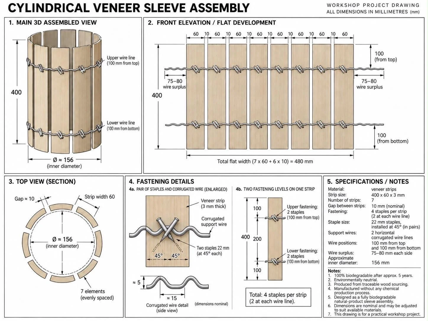 An assembly diagram of a poplar tree shelter showing specifications, as well as various assembled and disassembled diagrams