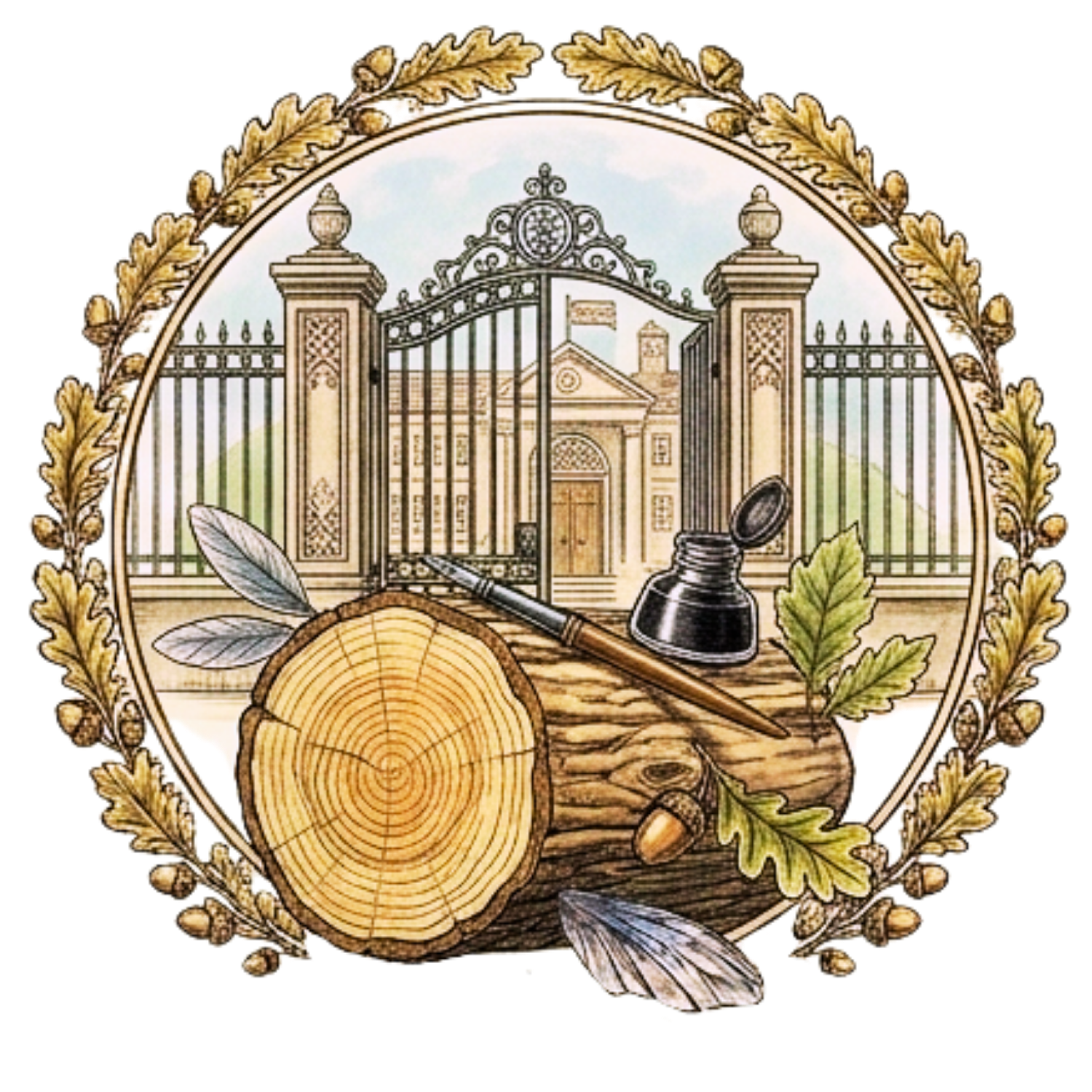 An emblem featuring a wrought iron gate, a building resembling a courthouse or administrative building, a tree trunk section, a quill pen, a black ink bottle, and oak leaves, all framed by a laurel wreath.