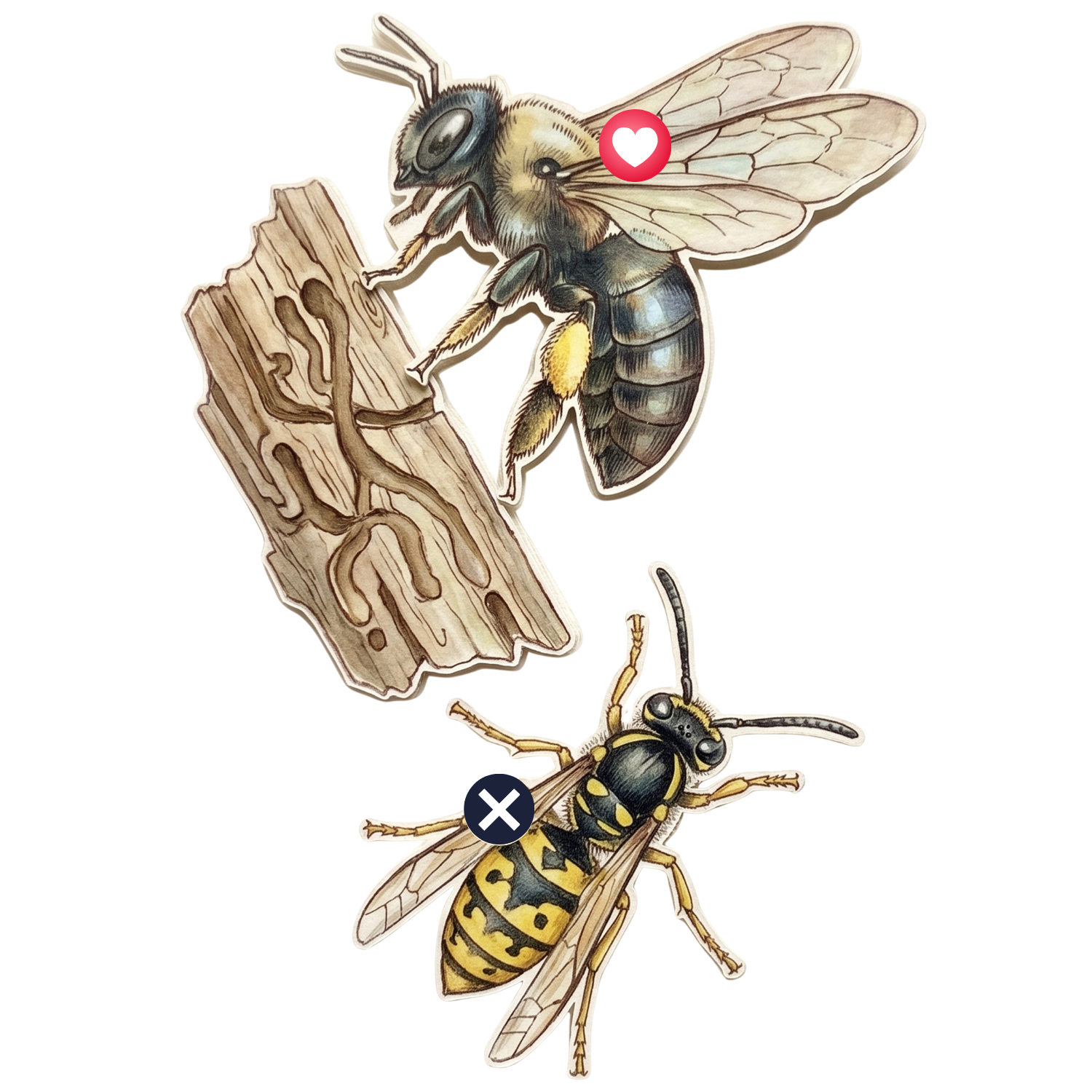 Illustration of a honeybee, queen bee, and wasp on a dark background.