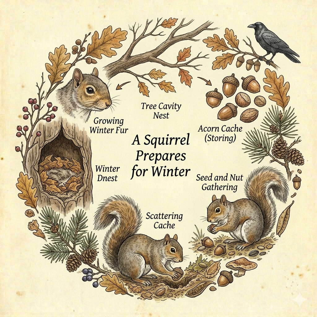 Illustration of a squirrel preparing for winter, showing stages and activities including gathering seeds and nuts, storing acorn caches, and creating winter dencs with autumn leaves, acorns, and pinecones.