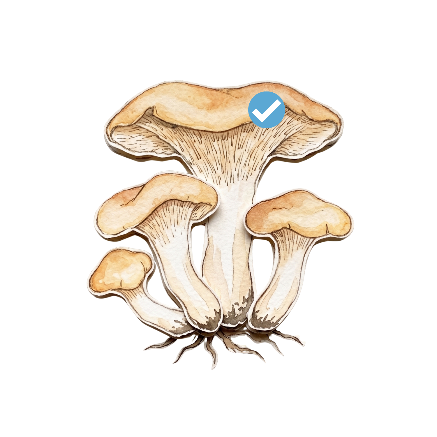 Illustration of multiple mushrooms, with a blue check mark on the top mushroom.