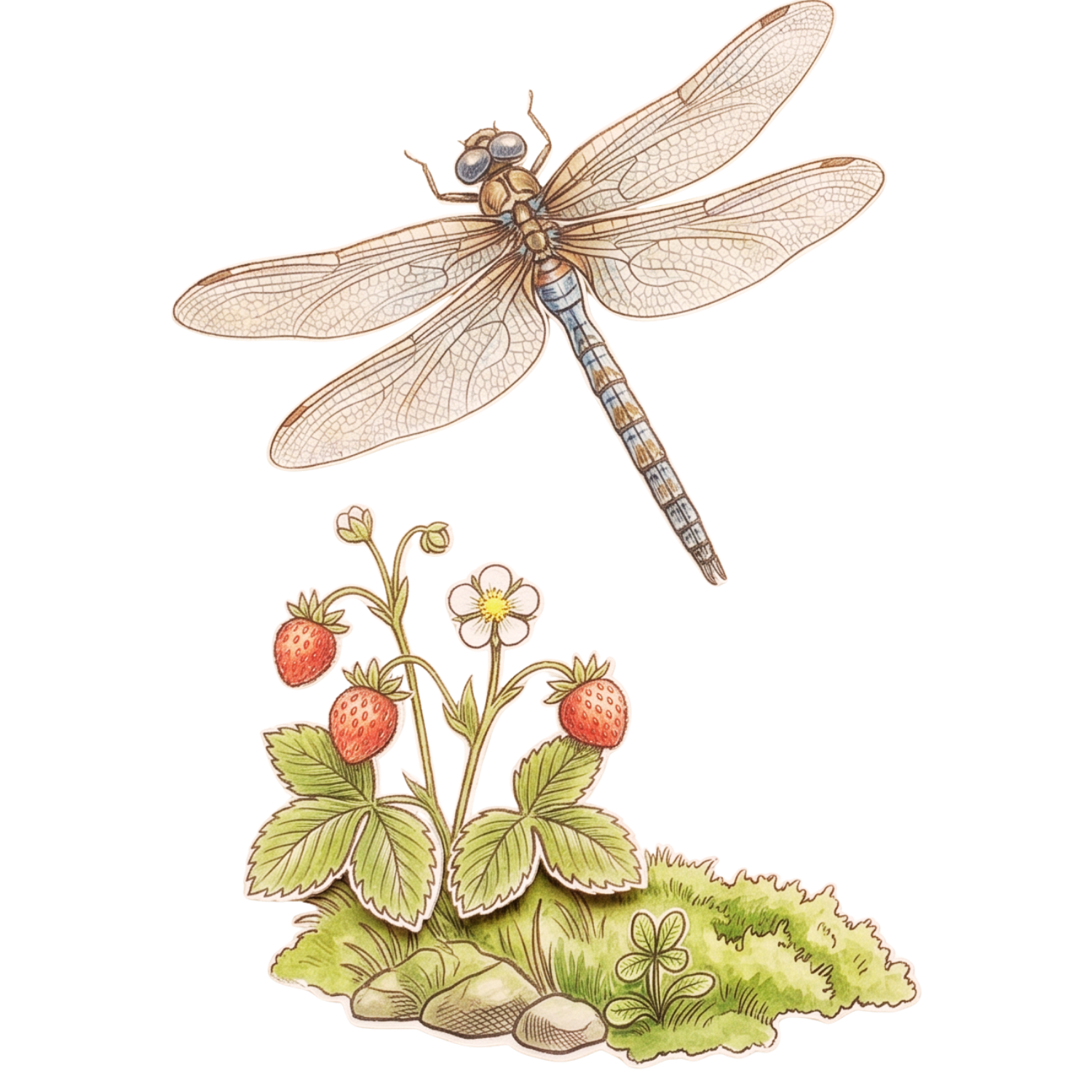 A detailed illustration of a dragonfly perched on a strawberry plant, showing the plant's leaves, flowers, and ripe strawberries.