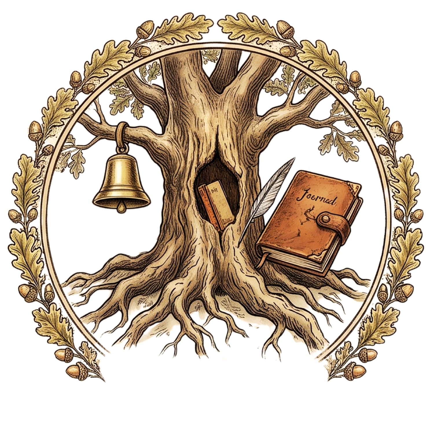 An illustration of a large oak tree with inscriptions, books, a bell, a feather, and a ring hanging from its branches, surrounded by an oak leaf wreath.