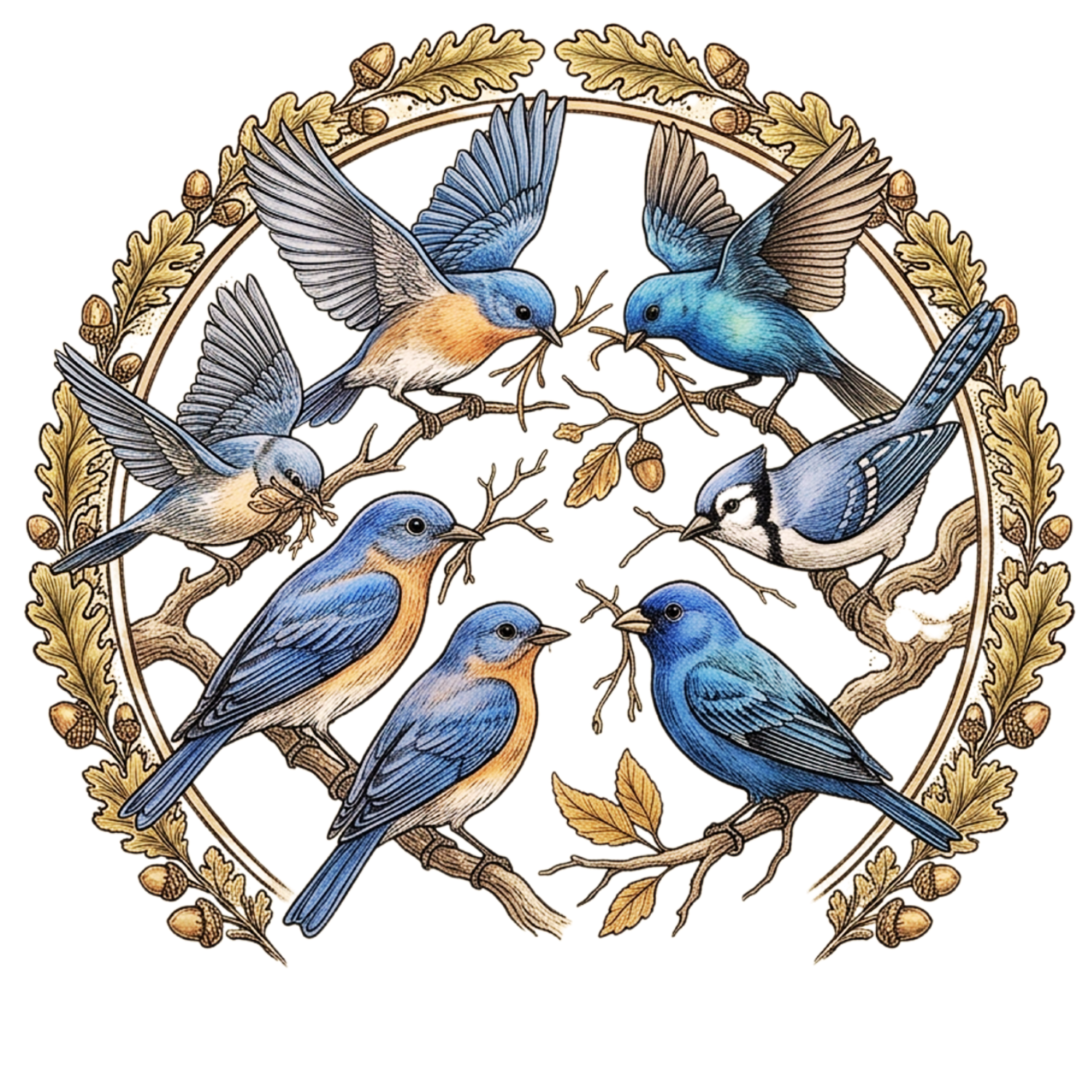 Illustration of twelve blue and brown birds perched on branches inside a circular decorative border of oak leaves and acorns.