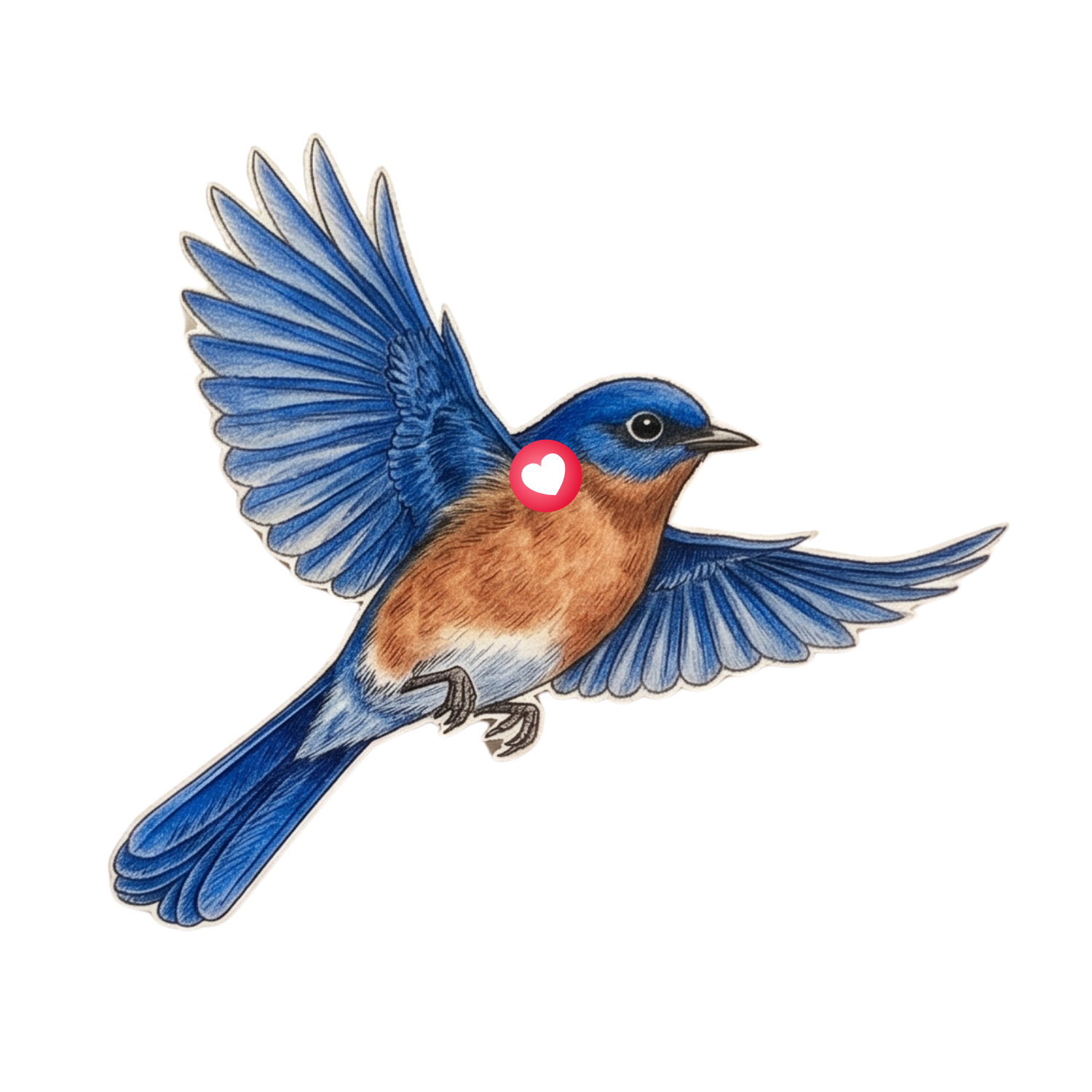 A colorful illustration of an Eastern Bluebird in flight with blue and orange feathers, a small red heart icon on its chest, and a white background.