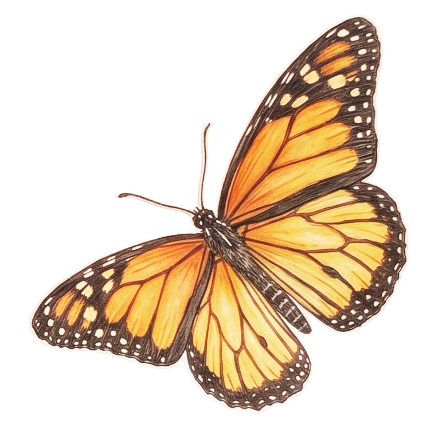 A detailed illustration of a monarch butterfly with orange and black patterned wings.