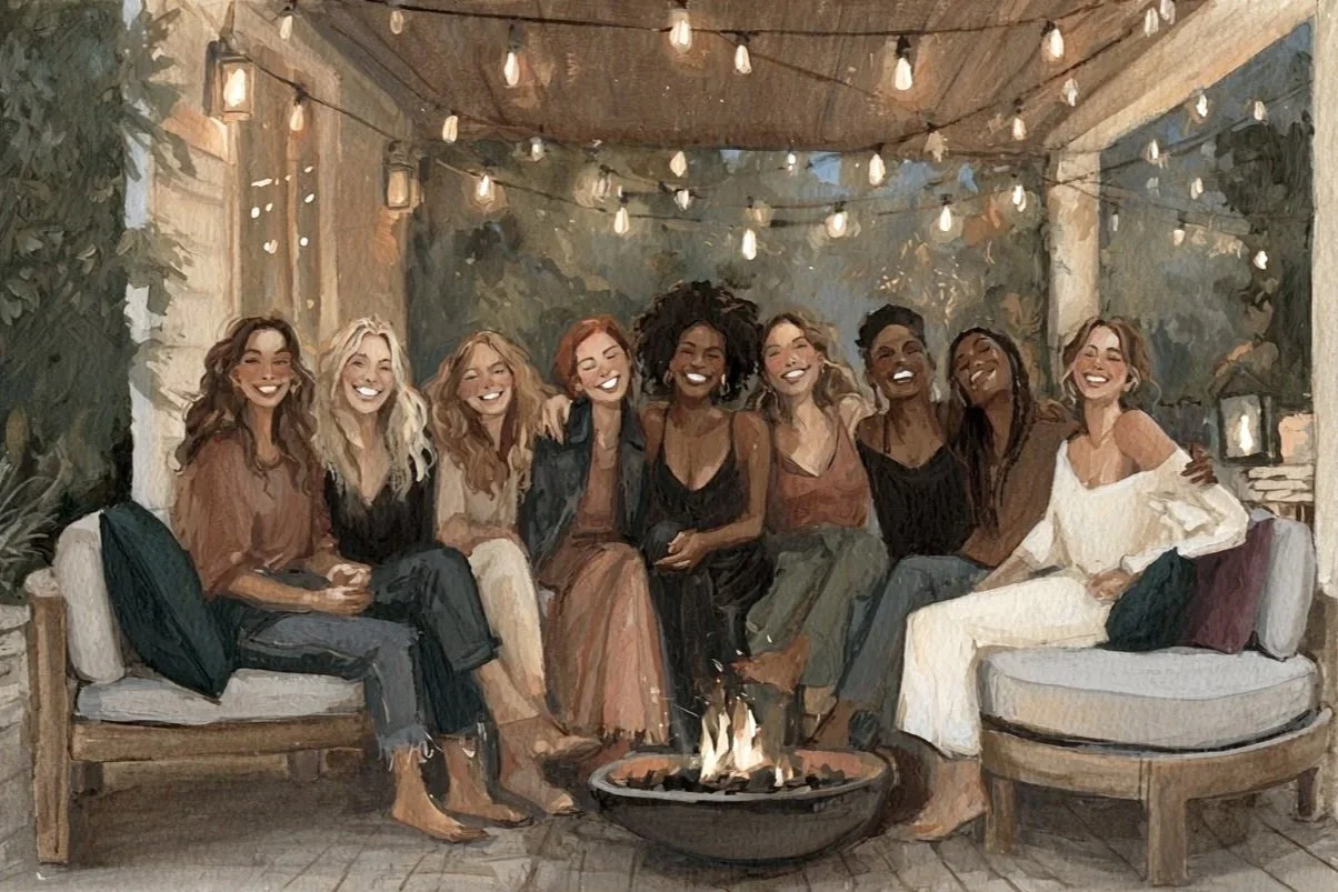 A group of nine women sitting close together on outdoor couches around a fire pit, smiling and enjoying each other's company at night under string lights.