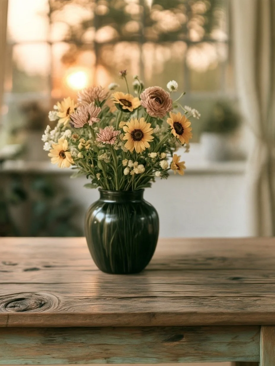 Rustic bouquet of yellow daisies and blush flowers in a dark green vase on a wooden table by a sunlit window