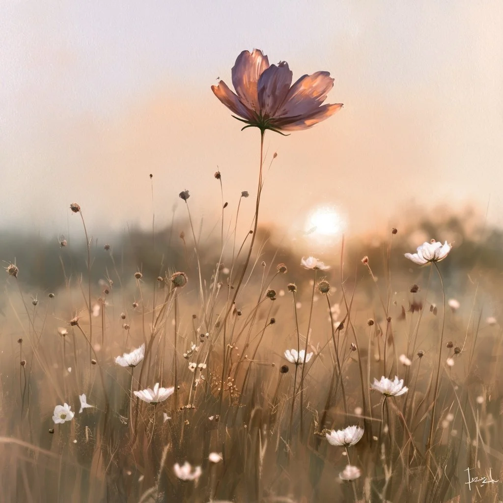 A field of wildflowers with the sun setting in the background, featuring a large single pinkish flower standing taller than the others.