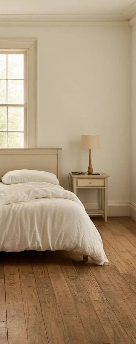 A bedroom with a white bed, a nightstand with a lamp, and a window in the background, organized after ADHD treatment.