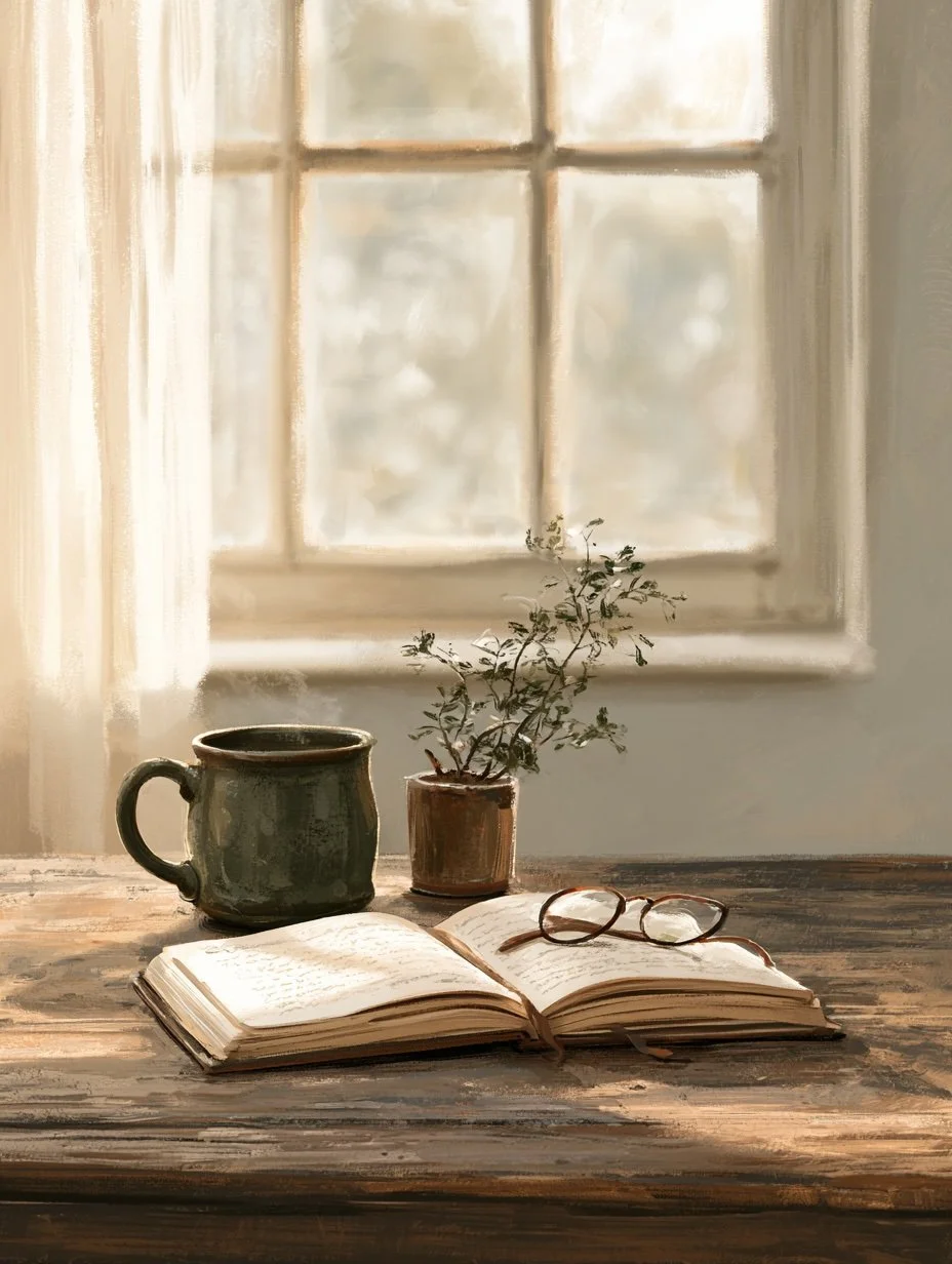 A wooden table with an open book, a pair of glasses, a ceramic mug, and a small potted plant near a window with sunlight streaming in.
