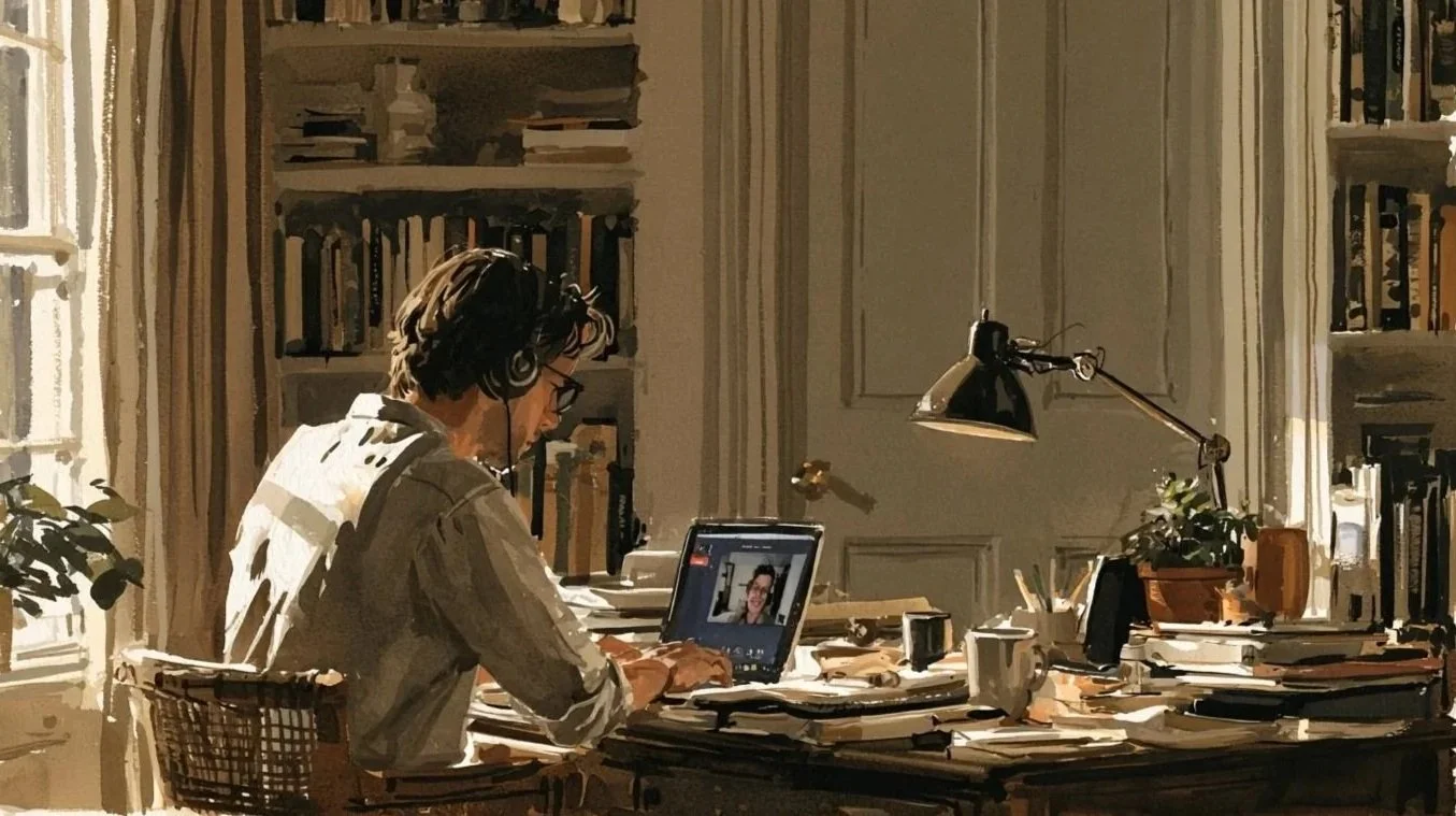 A person wearing glasses and headphones sitting at a cluttered desk, engaged in a video call on a laptop in a cozy, well-lit room filled with books and plants.