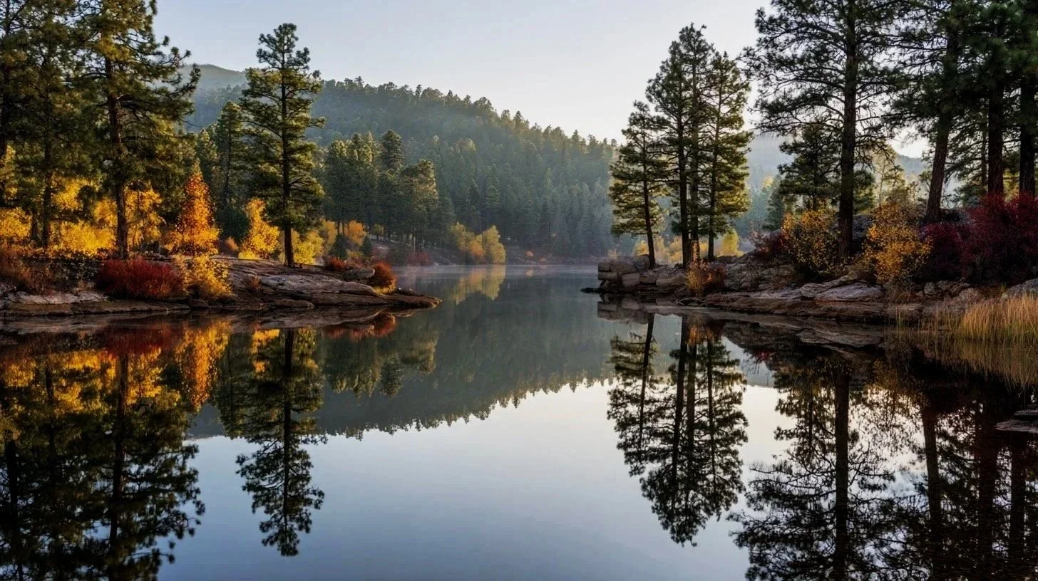 Serene lake surrounded by pine trees and autumn-colored foliage, with calm water reflecting the landscape and a distant mountain in the background.