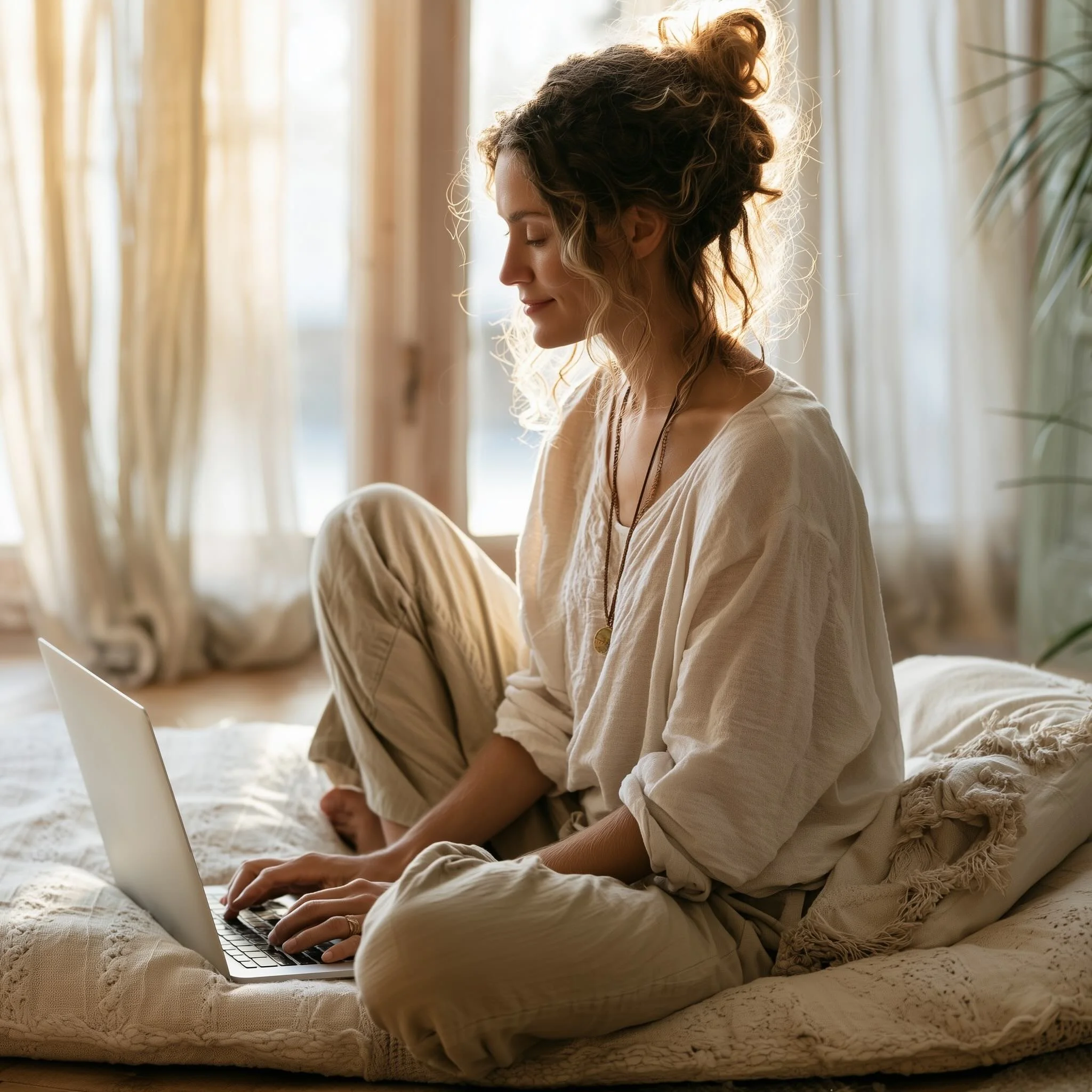 A woman sitting on a floor cushion, doing a virtual visit on a laptop, with sunlight coming through beige curtains in a cozy room.