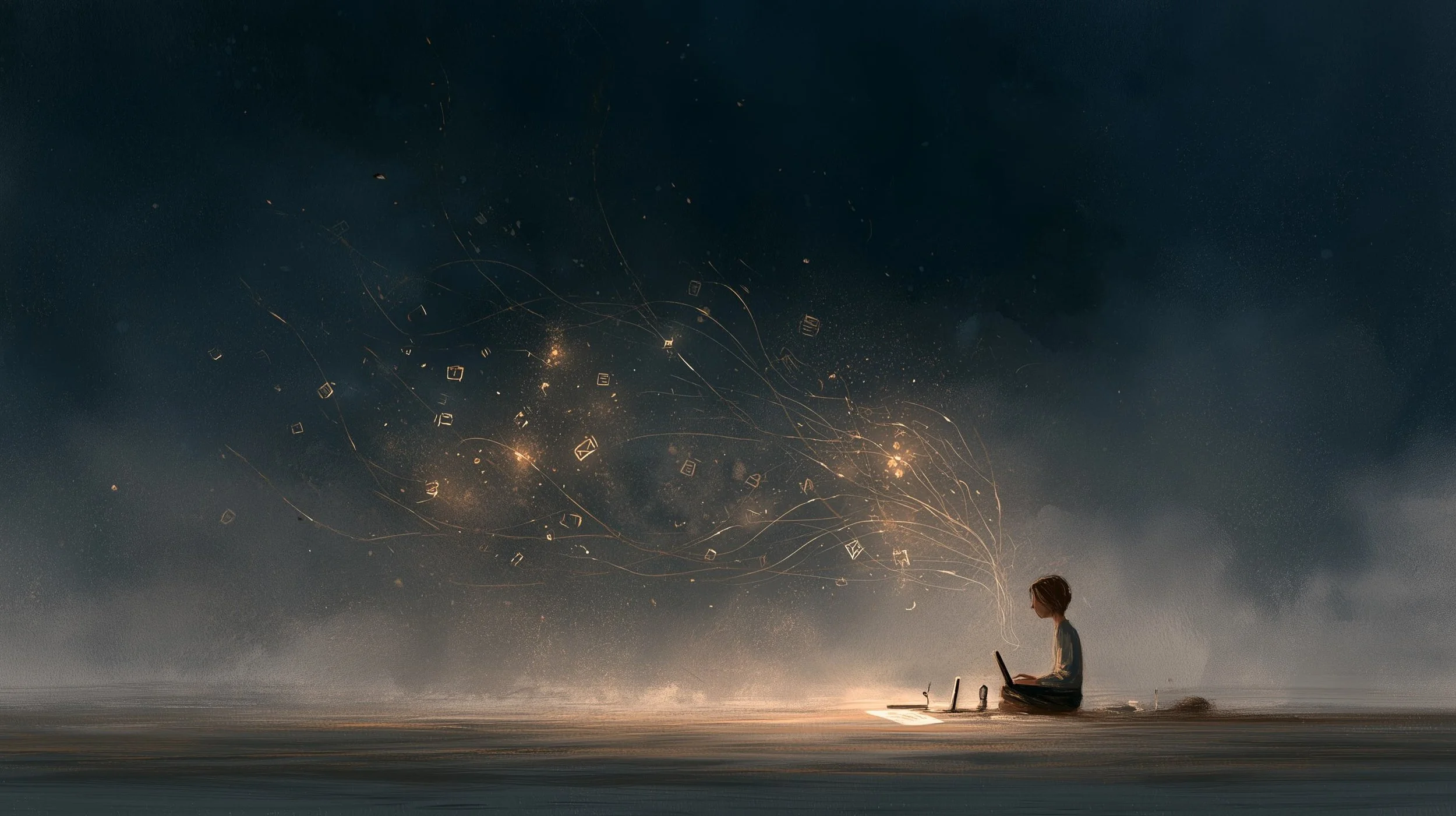A person sitting on a beach, holding a laptop, under a night sky illuminated by floating glowing letters and symbols.