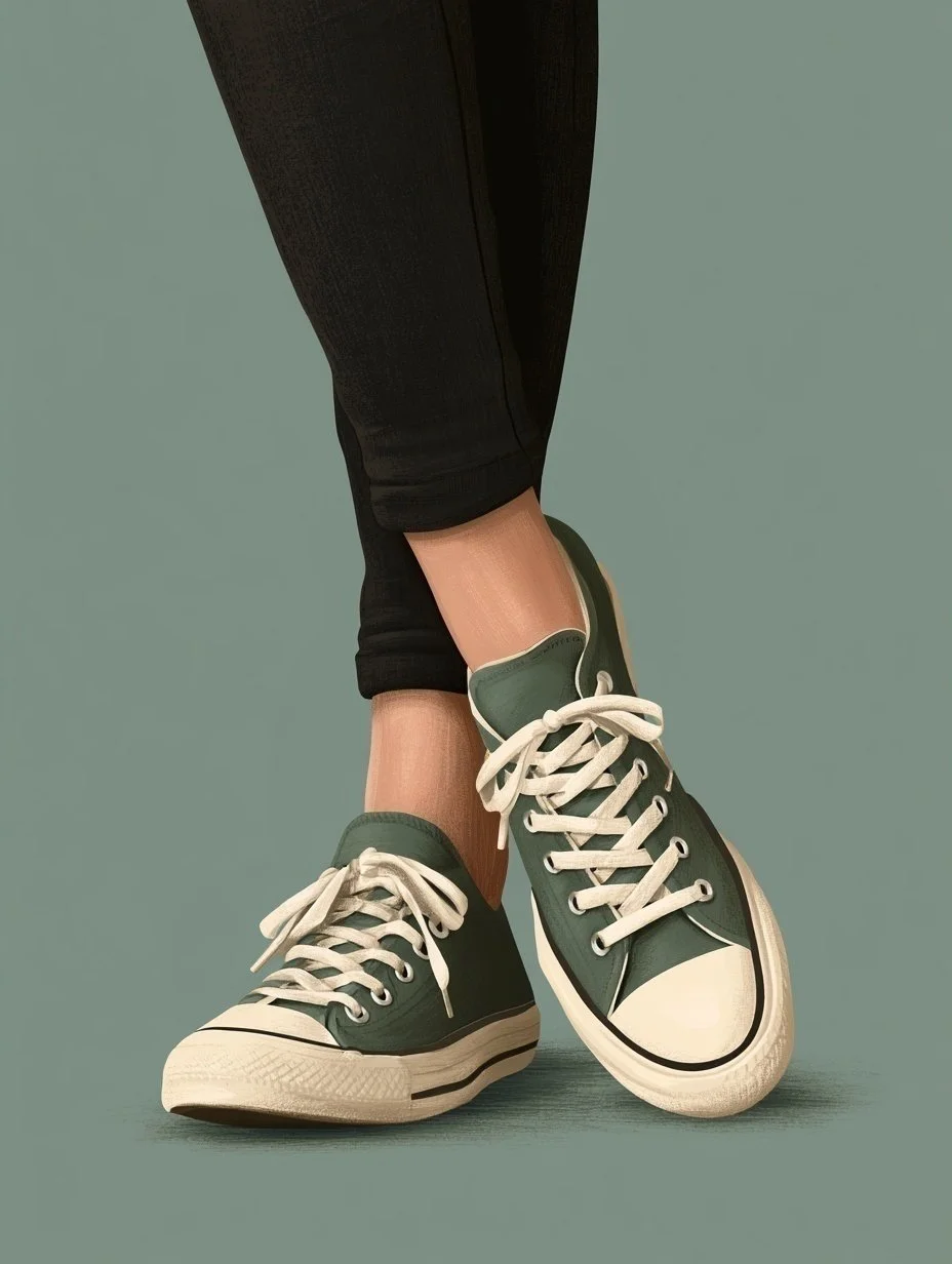 Painterly illustration of a close-up of a person's feet wearing vintage-style green sneakers with white laces, standing on a green surface against a plain background. The person is dressed in black pants.