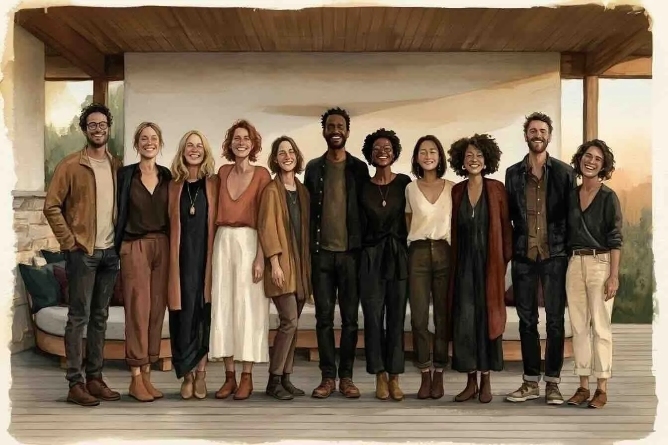 Diverse group of 11 smiling adults posing together on a covered outdoor patio