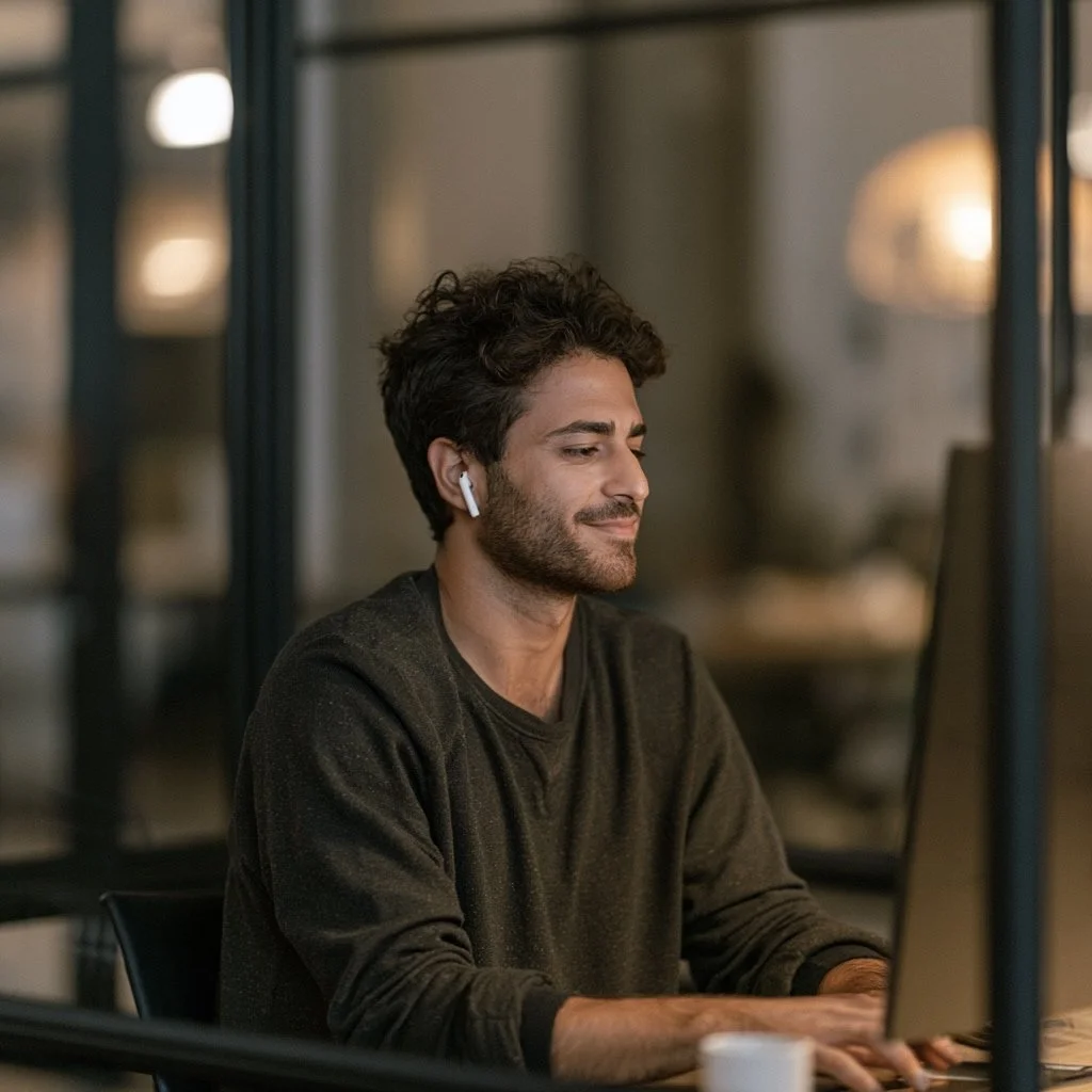 A man with dark, curly hair participating in a telehealth appointment while at work, wearing wireless earbuds at a desk in a modern office.