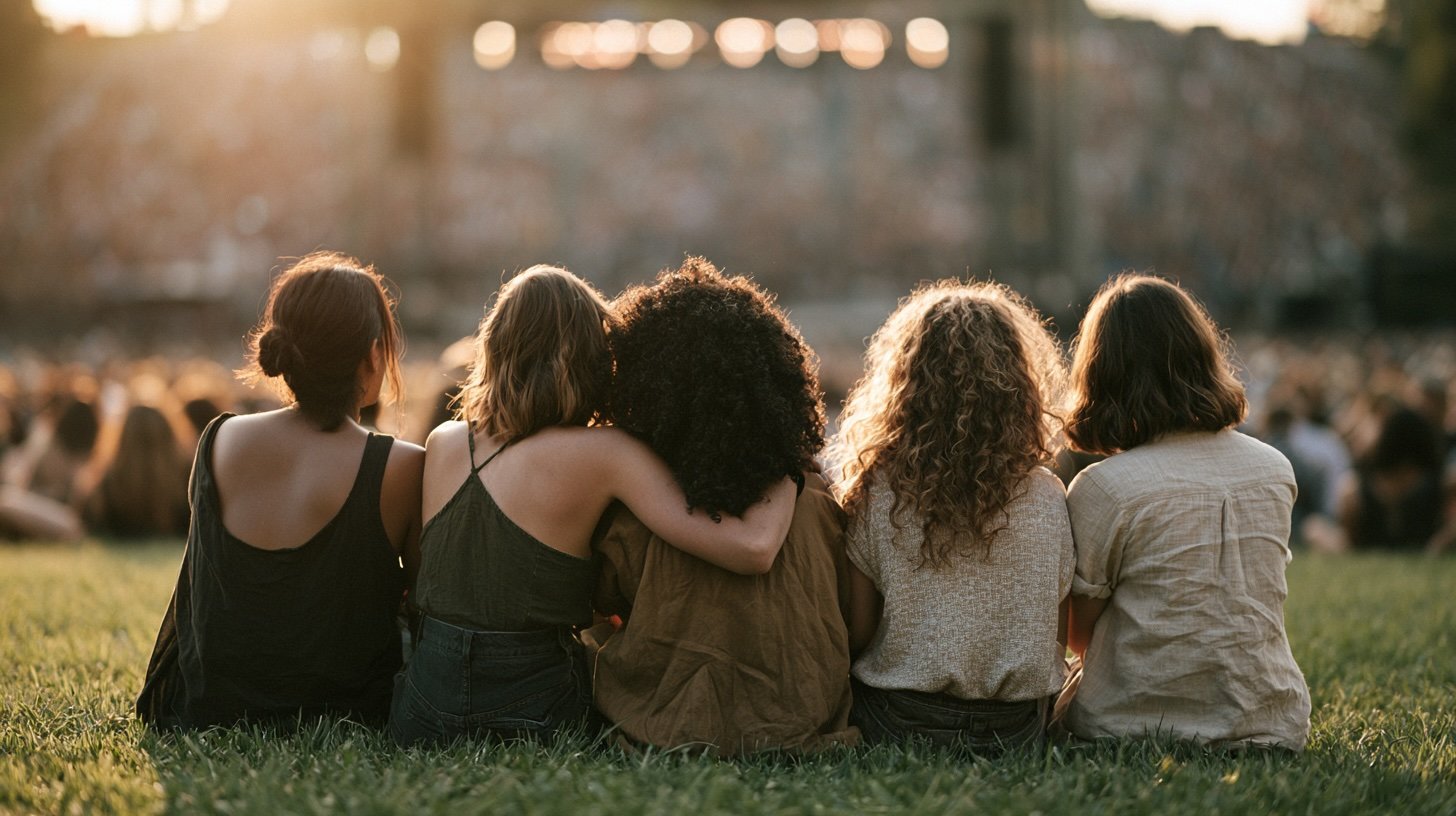 Five women sitting close together on grass at sunset watching a large outdoor screen