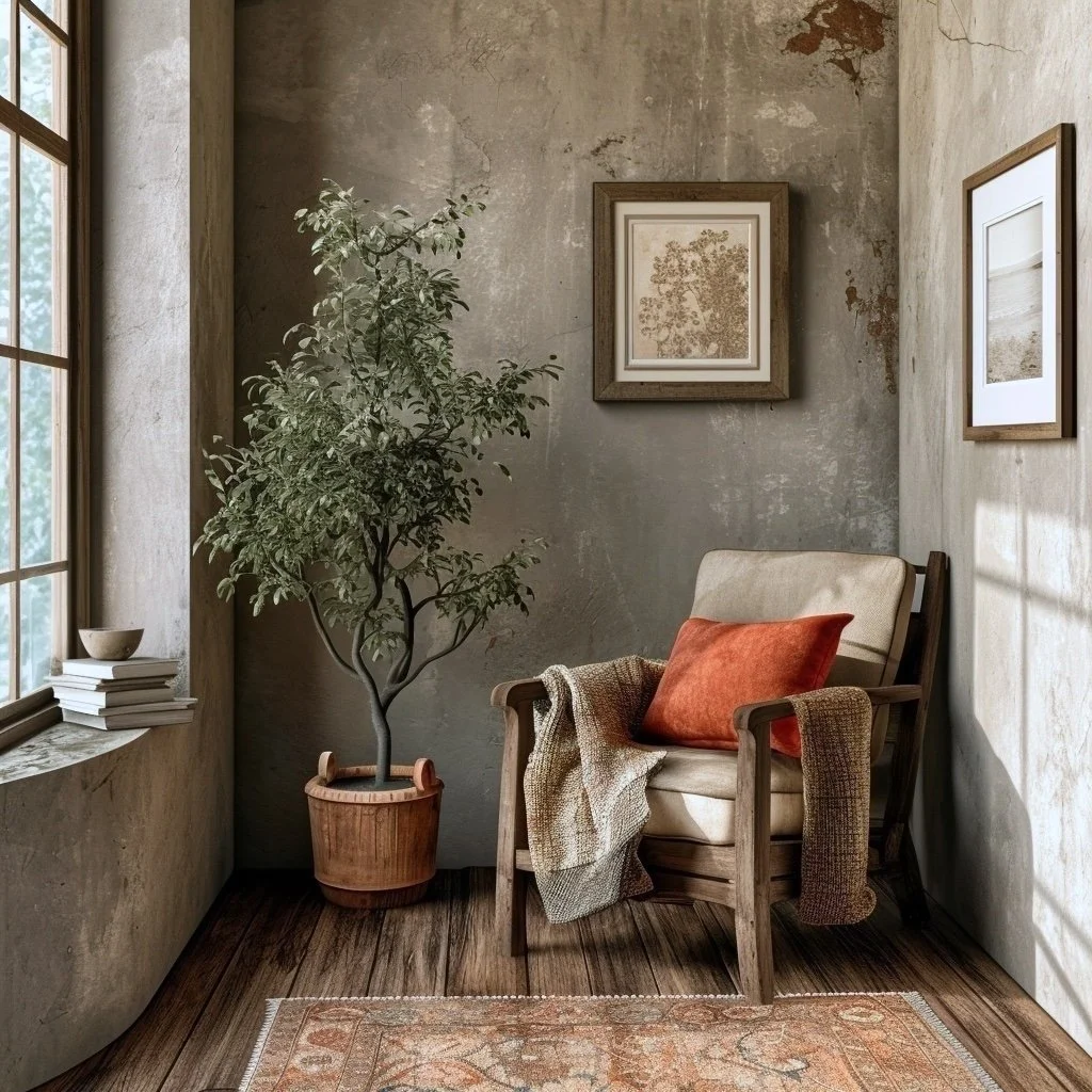 A reading nook, with a large window, potted plant, framed wall art, armchair with a throw blanket and orange pillow, and a rug on wooden floor.