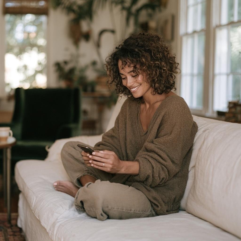 A woman smiling while on her phone for a virtual telehealth appointment, sitting on a sofa in a cozy, well-lit room with large houseplants.