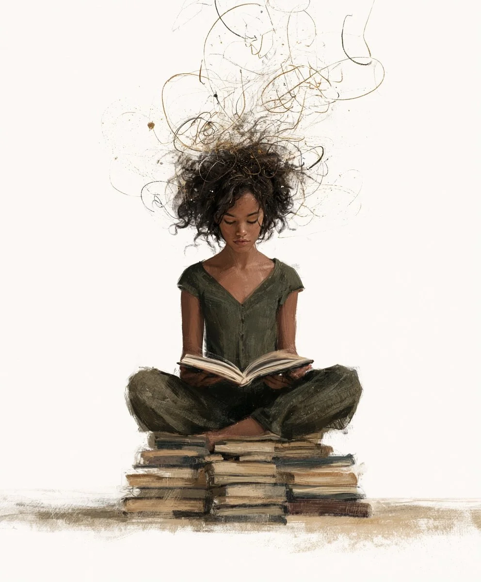 Young woman with curly hair sitting cross-legged on a stack of books, reading another book, with her hair swirling upward into abstract lines.