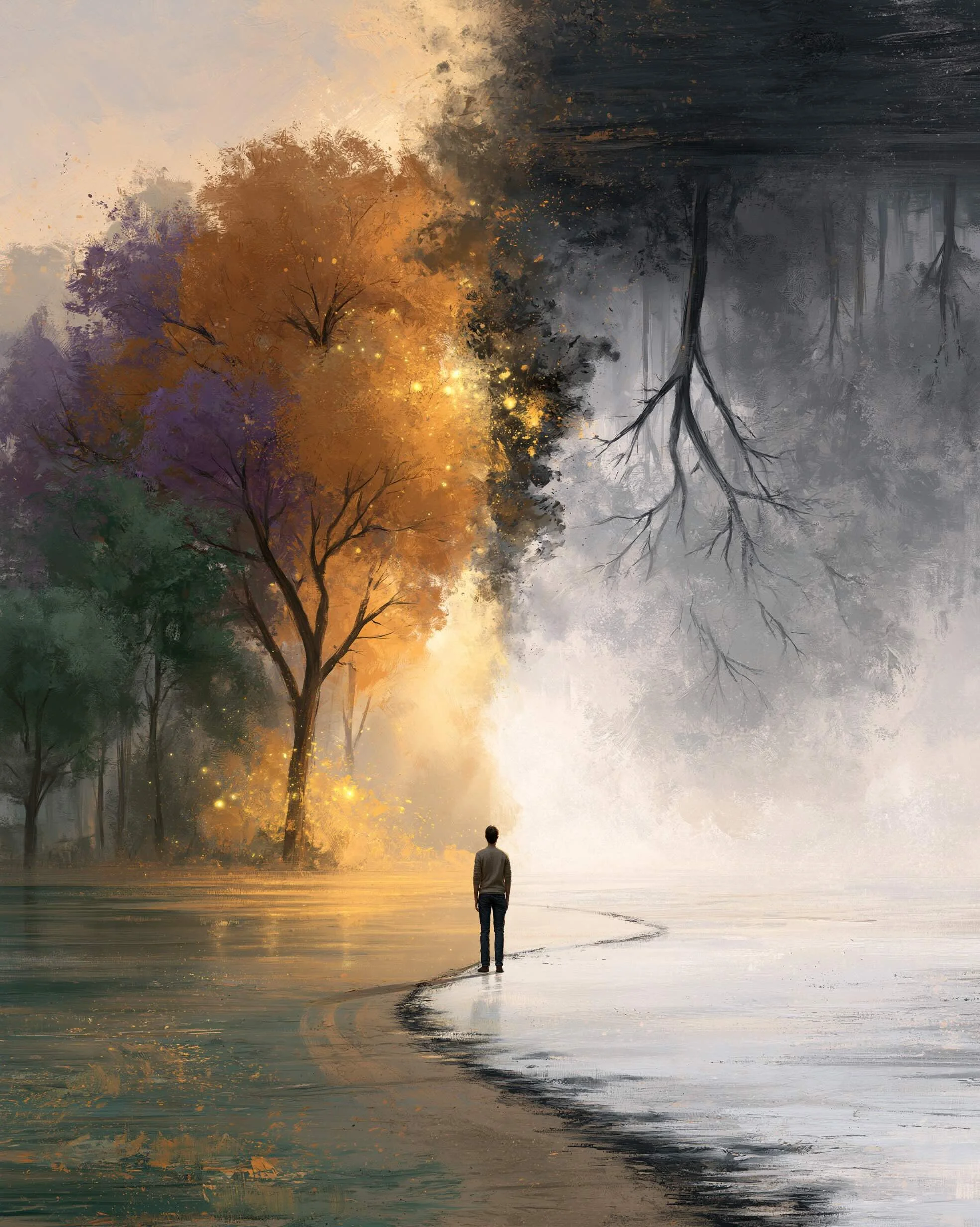A person standing on a shoreline, looking at a landscape showcasing contrasting trees and reflections, with an artistic blend of warm autumn colors and cool grays, and an upside-down tree reflection in the water.