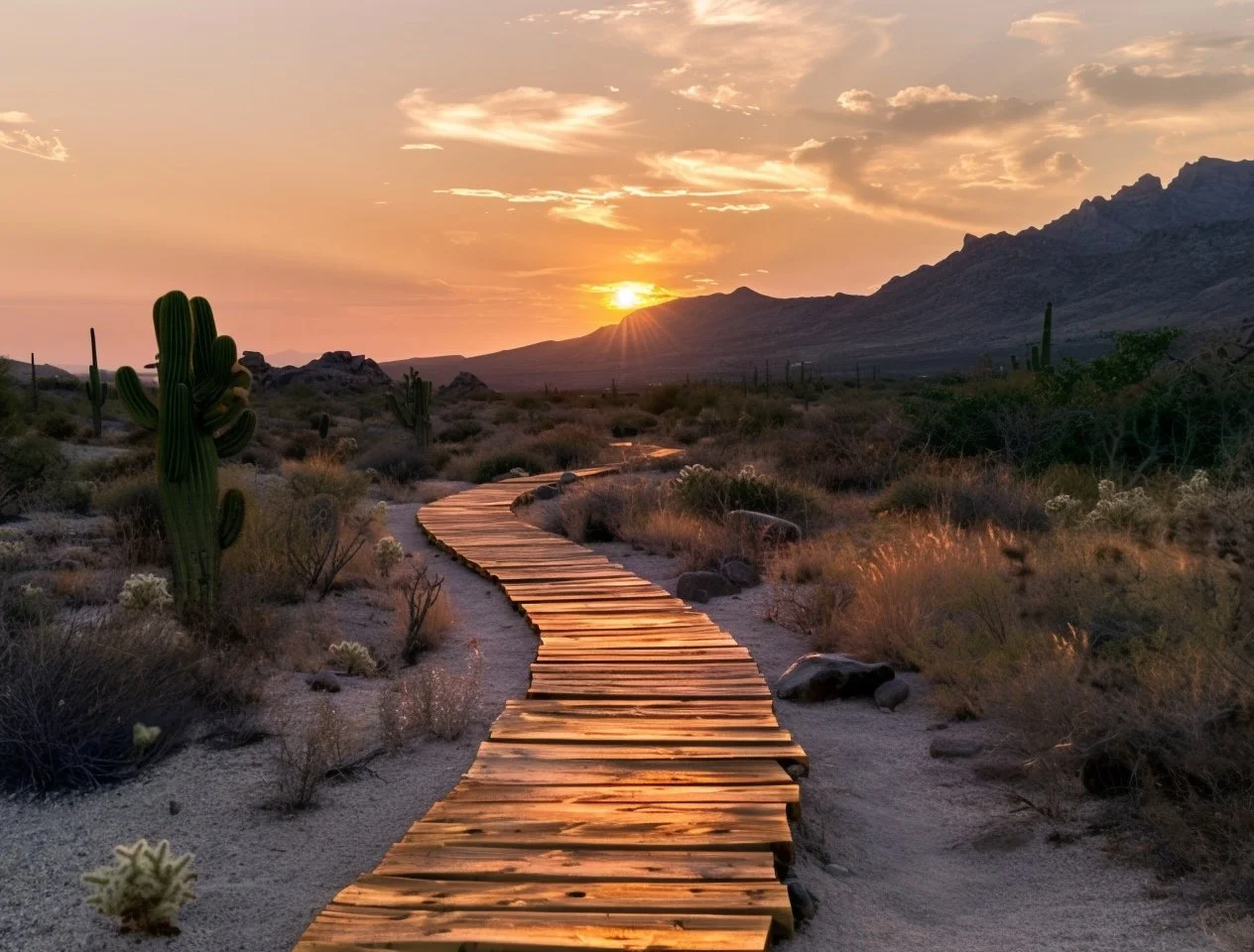 A desert landscape with cacti and shrubs at sunset, with a wooden boardwalk winding through the terrain and mountains in the background.