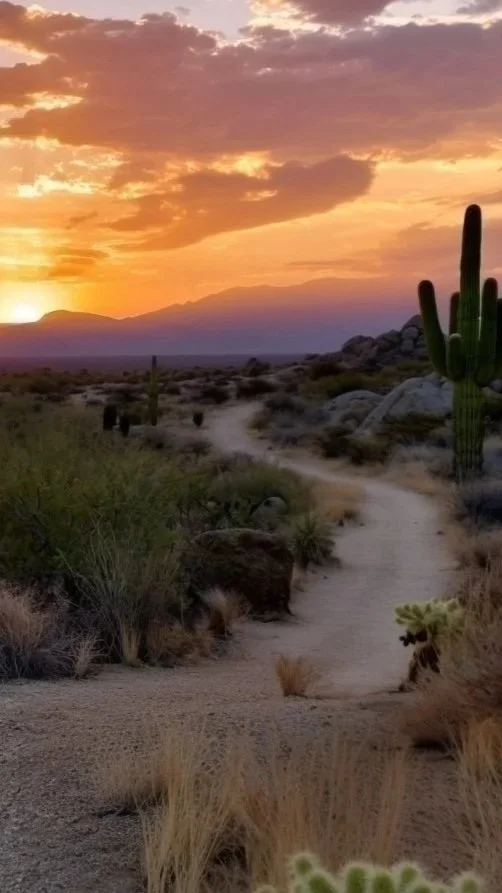 A beautiful desert landscape at sunrise with rugged path, cacti, and mountains in the background.
