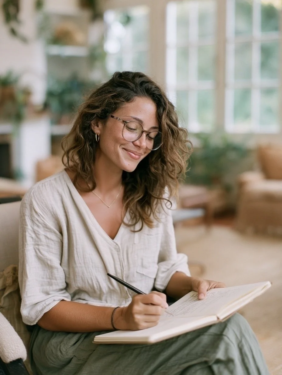 A woman with curly hair and glasses sitting on a sofa, smiling while writing in a notebook in a well-lit room with large windows and green plants.